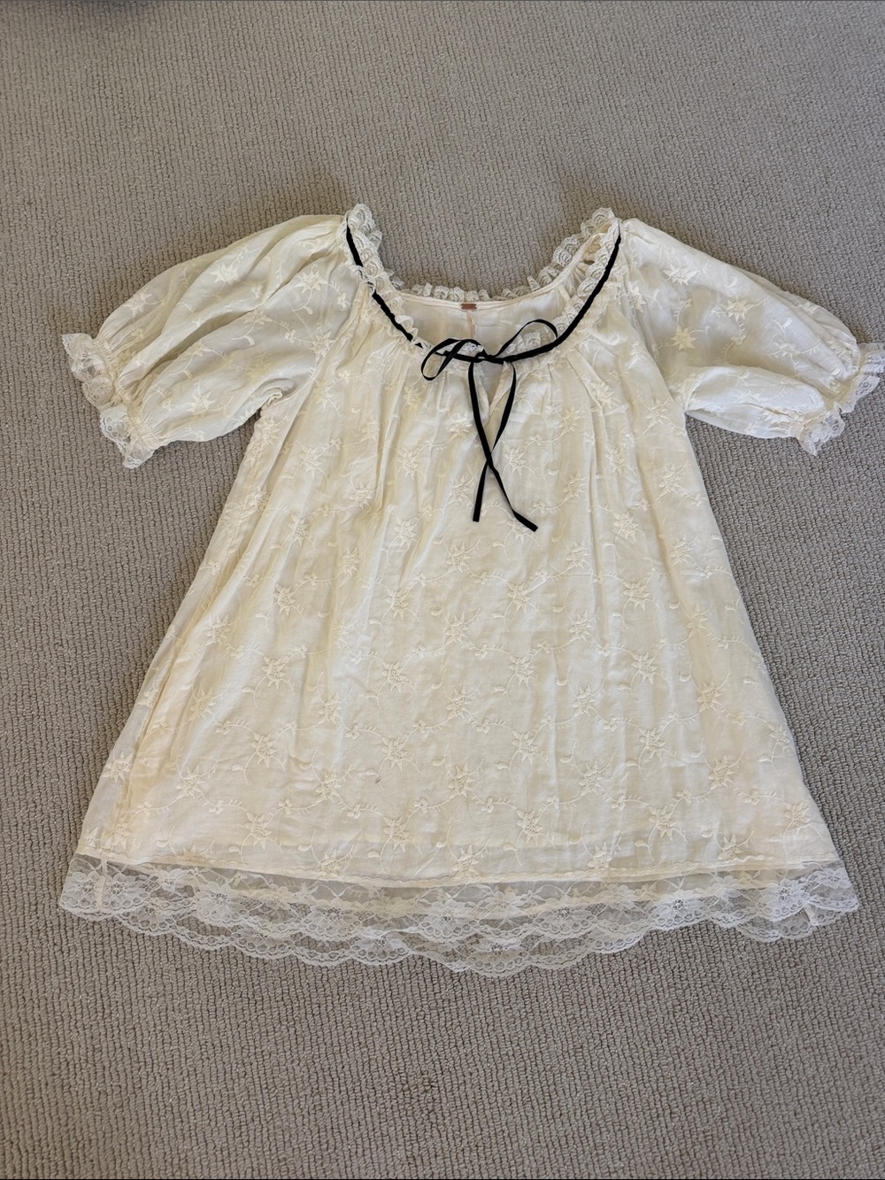 Free People Cream Lace Mini Dress with Black Ribbon